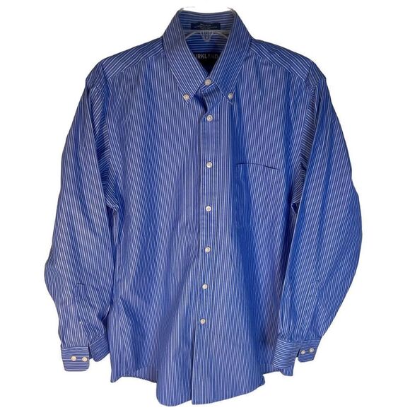 Kirkland Signature Shirt Mens 15.5 33 Blue & White Stripe Long Sleeve Button Up - Picture 1 of 4